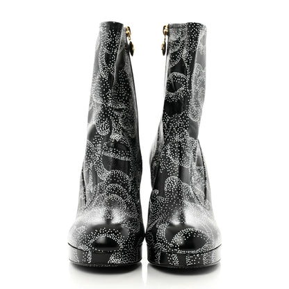 Chanel Calfskin Camellia Printed Ankle Boots 39 Black White 3 of 9