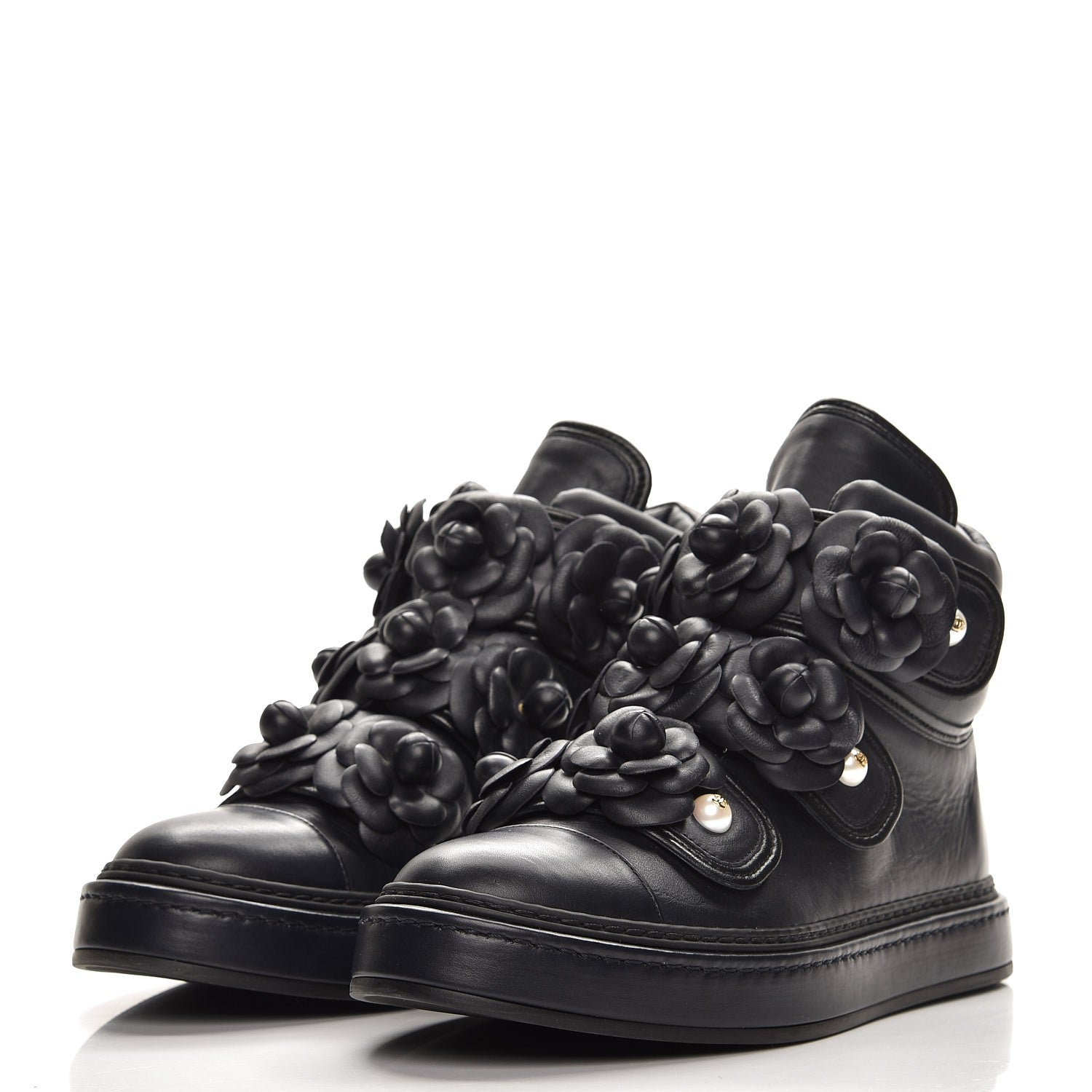 Chanel Calfskin Camellia High Top Sneakers 37.5 Navy 3 of 7