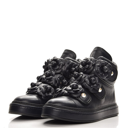 Chanel Calfskin Camellia High Top Sneakers 37.5 Navy 3 of 7