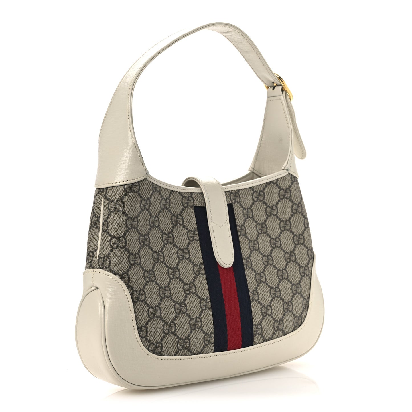 GG Supreme Monogram Azalea Calfskin Web Small Jackie 1961 Hobo Beige Ebony Mystic White
