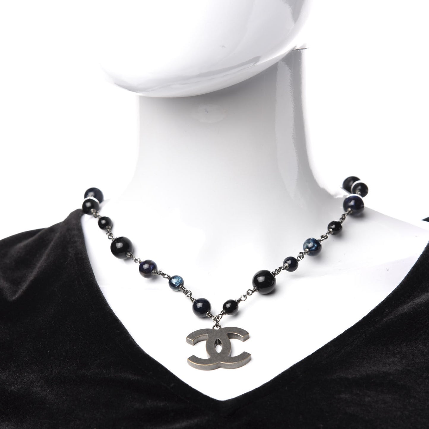 Ruthenium Beaded CC Short Necklace Black Blue