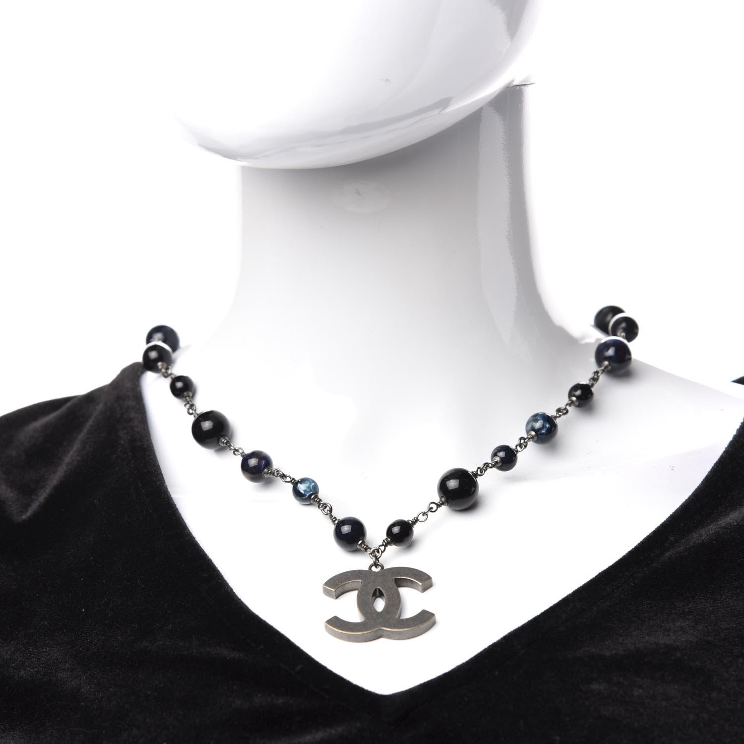 Chanel Ruthenium Beaded CC Short Necklace Black Blue 2 of 5