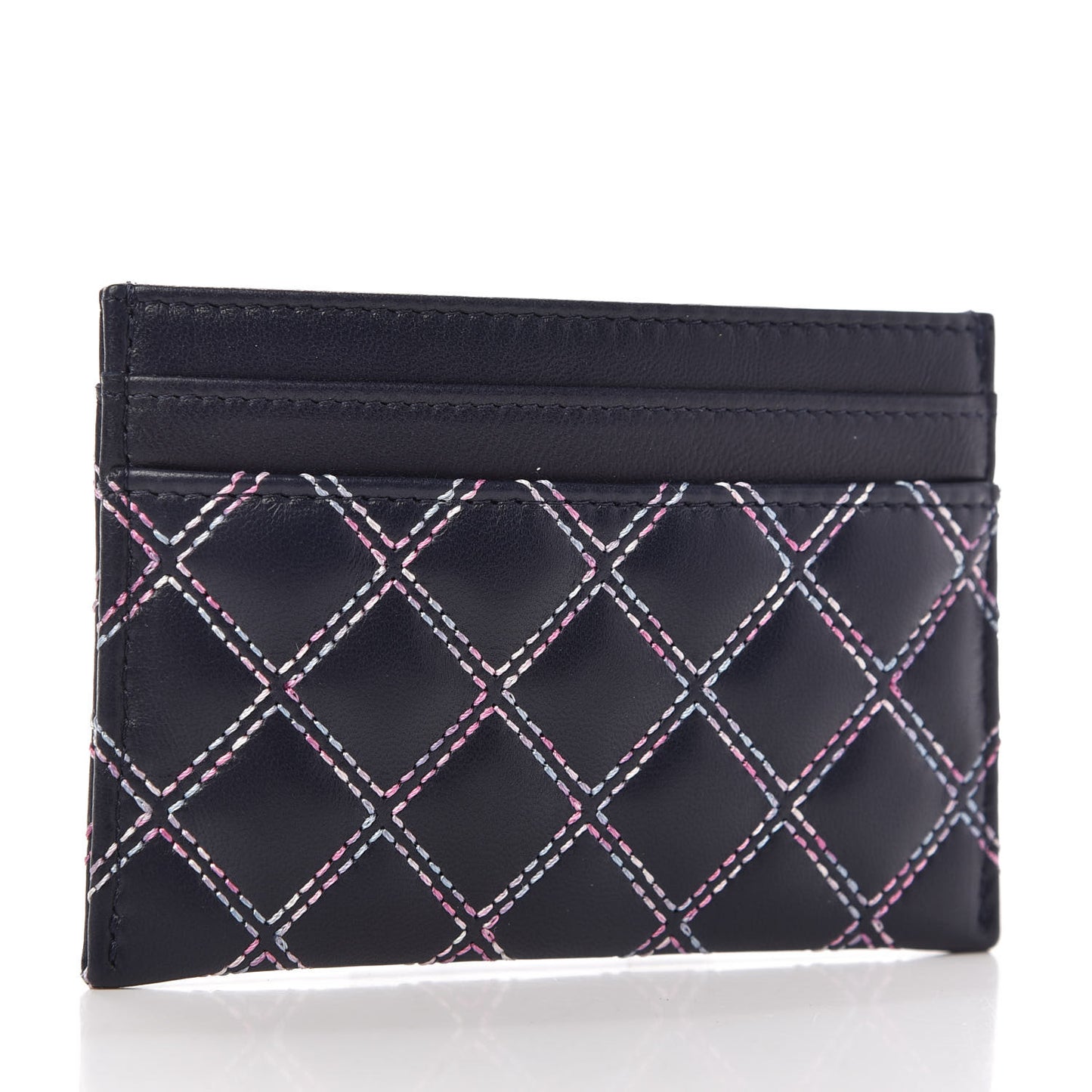 Lambskin Double Stitch Quilted Card Holder Navy Pink