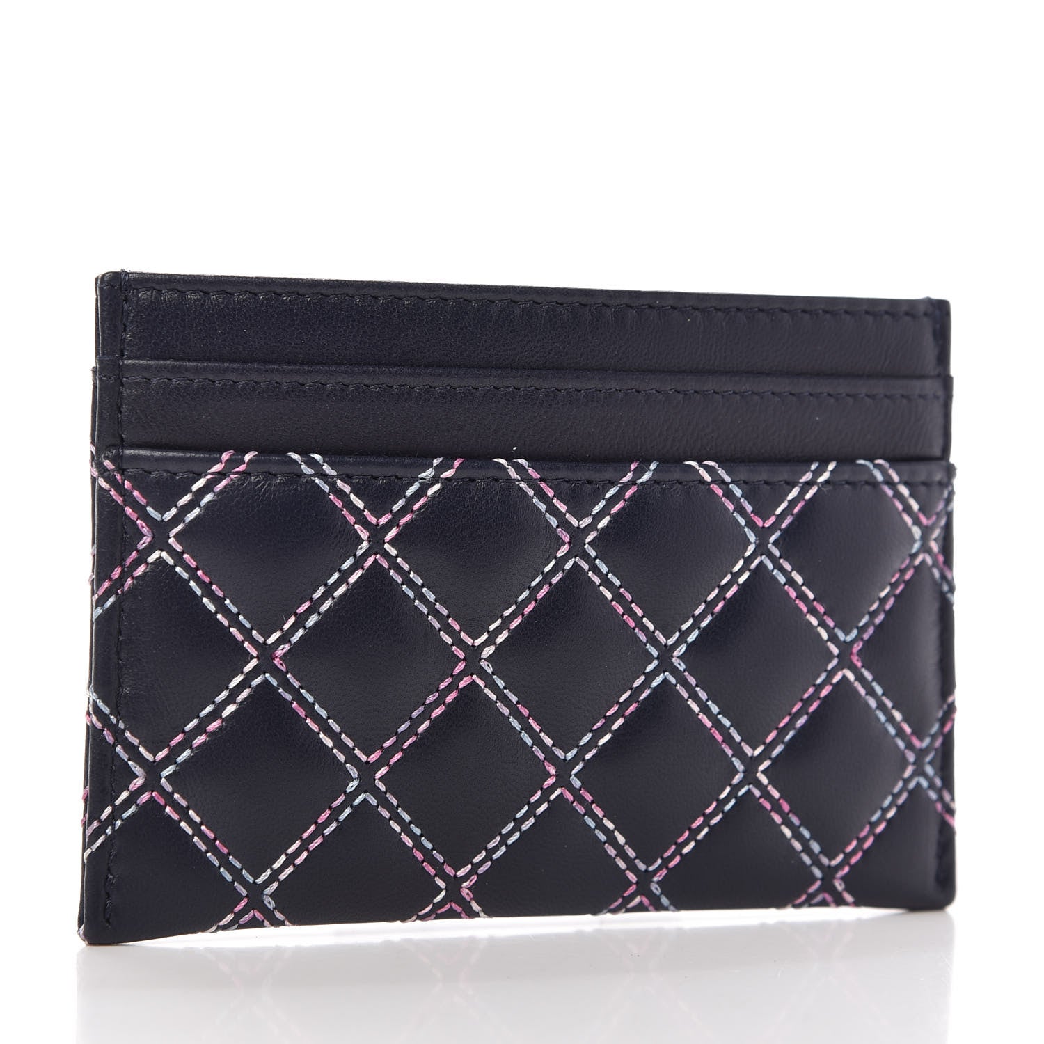 Chanel Lambskin Double Stitch Quilted Card Holder Navy Pink 3 of 10