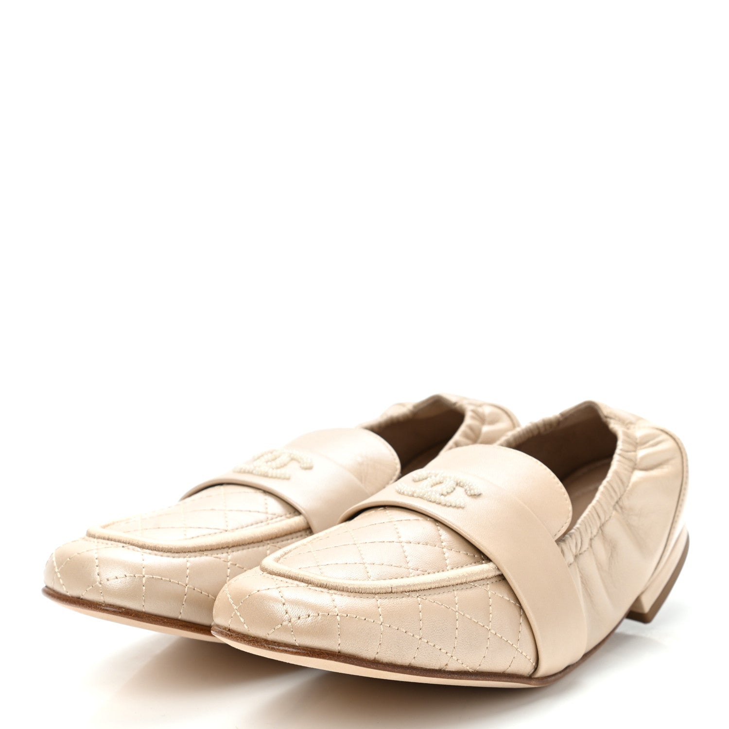 Chanel Laminated Lambskin Womens Quilted Elastic CC Moccasin Loafers 38 Beige 3 of 9