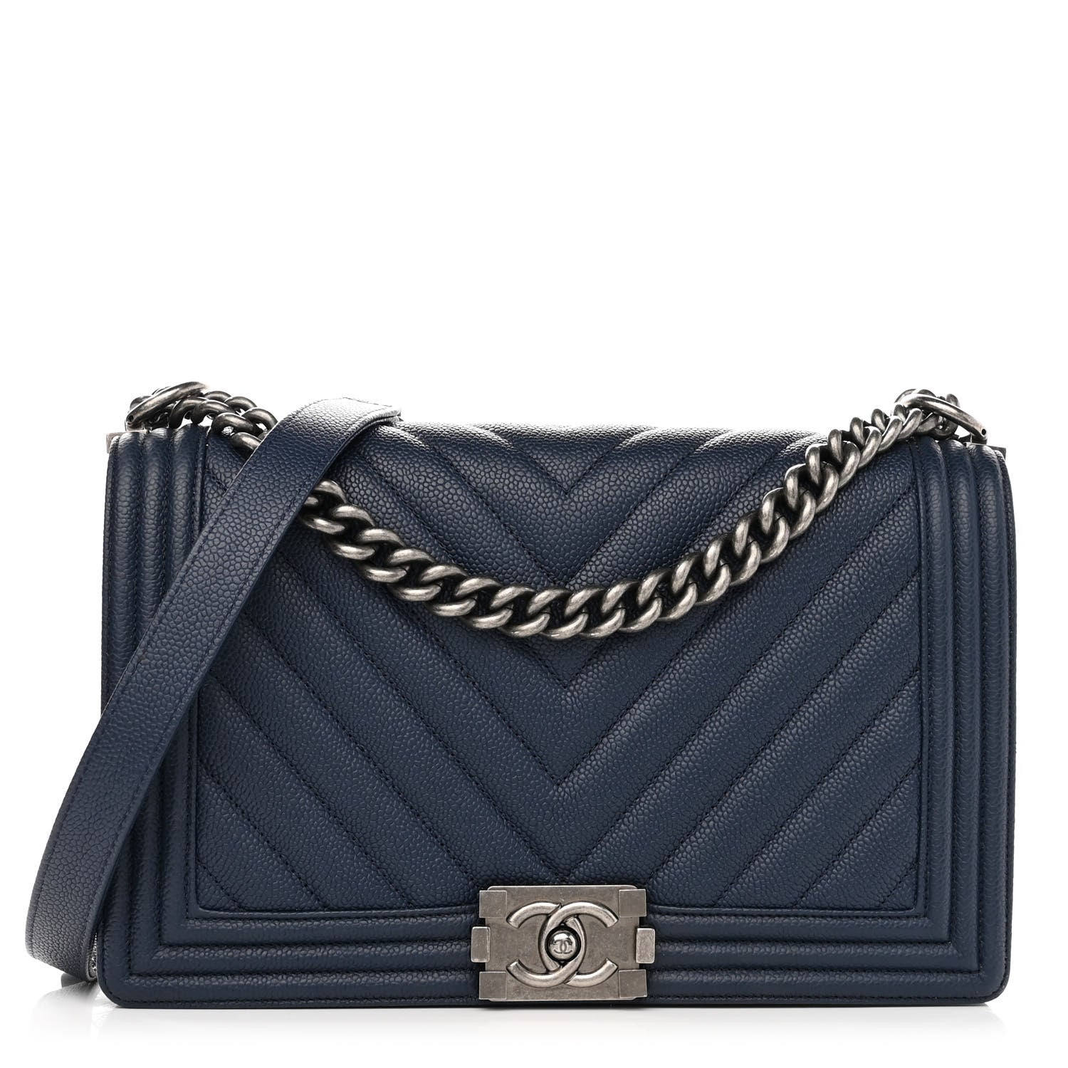 Chanel Caviar Chevron Quilted New Medium Boy Flap Dark Navy Blue 1 of 10