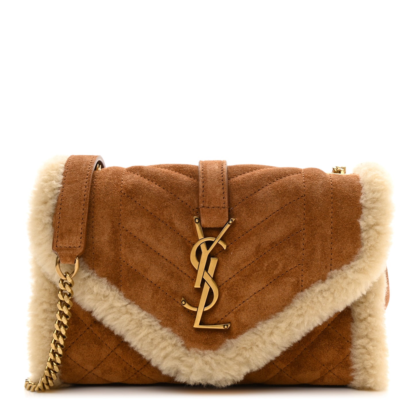 Nubuck Shearling Mixed Matelasse Triquilt Small Monogram Satchel Ivory Natural Tan