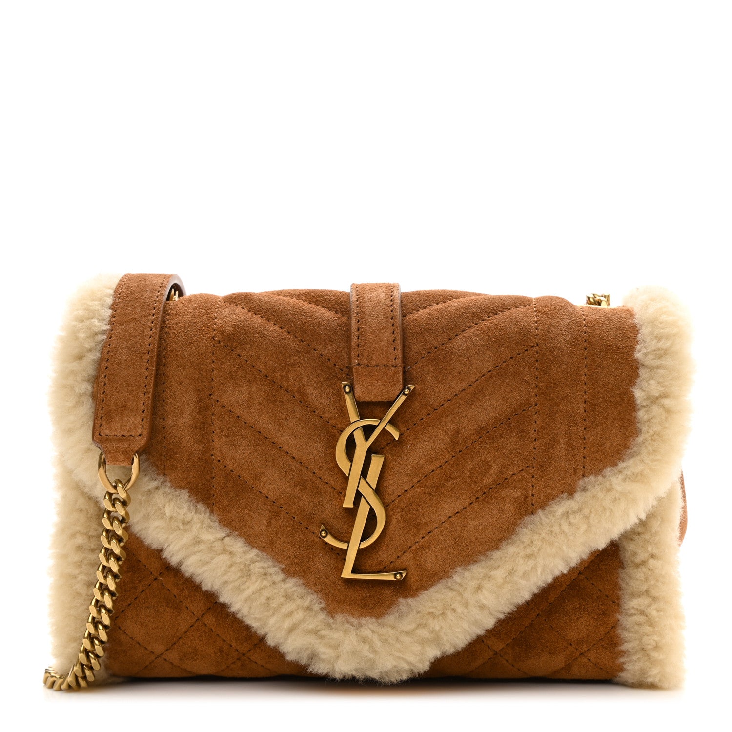Saint Laurent Nubuck Shearling Mixed Matelasse Triquilt Small Monogram Satchel Ivory Natural Tan 1 of 10