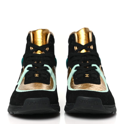 Chanel Suede Calfskin Fabric CC High Top Sneakers 38.5 Black Turquoise Gold 2 of 7