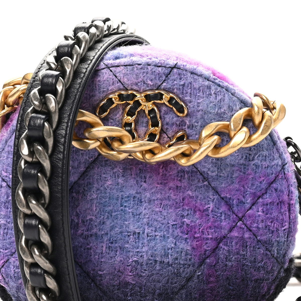 Chanel Wool Tweed Chanel 19 Round Clutch With Chain Purple Black Blue 7 of 9