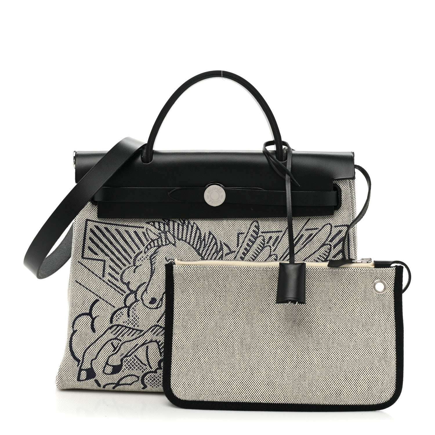 Hermes Vache Hunter Toile H Pegase Pop Herbag Zip Retourne 31 PM Bleu Indigo Ecru Black 1 of 11