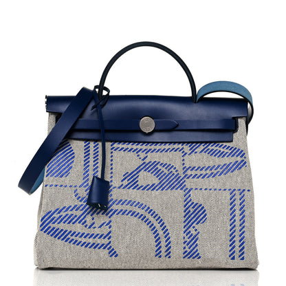 Hermes Vache Hunter Toile H Brides de Gala Herbag Zip Retourne 31 PM Bleu De France Ecru Black 3 of 13