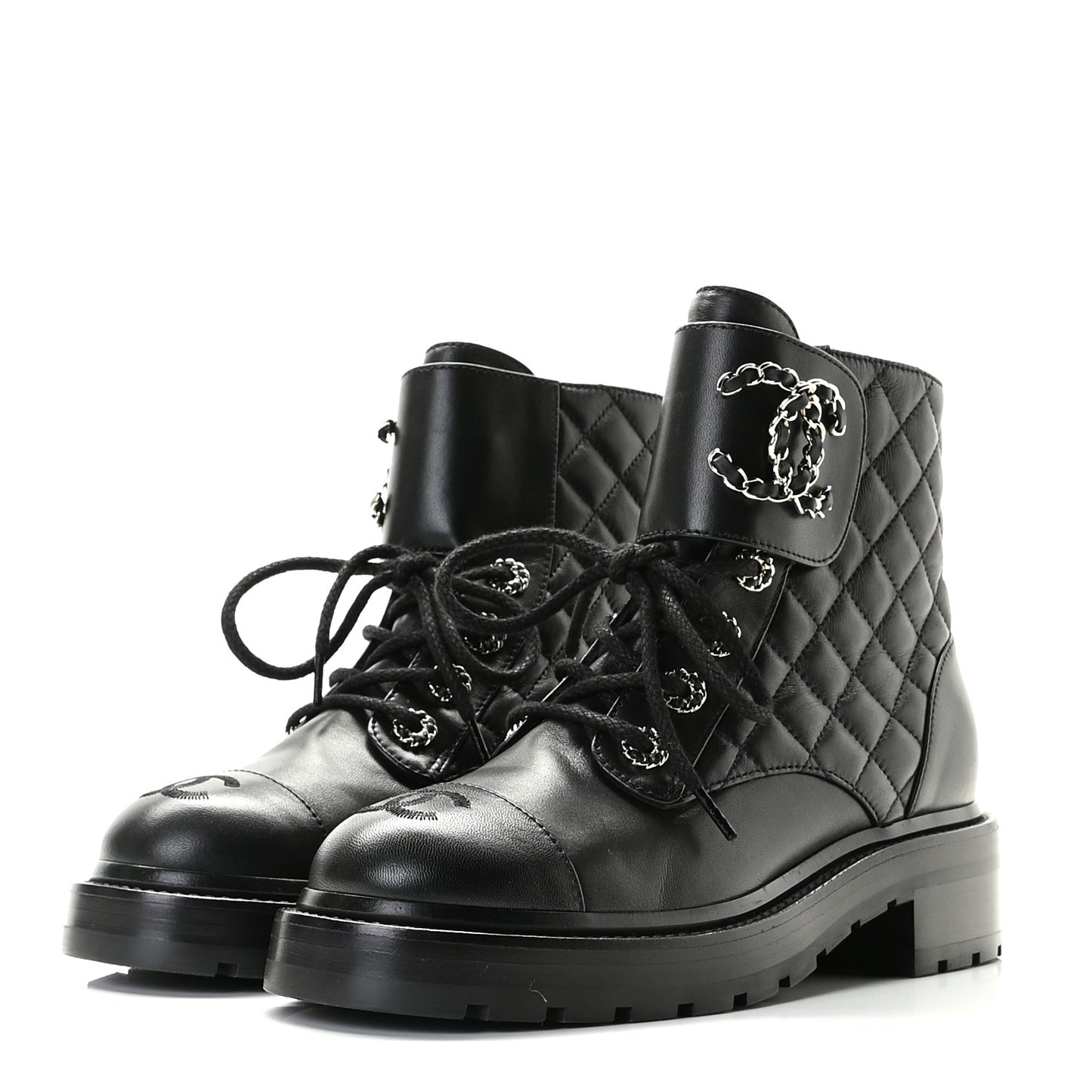 Shiny Lambskin Quilted Lace Up Combat Boots 36 Black