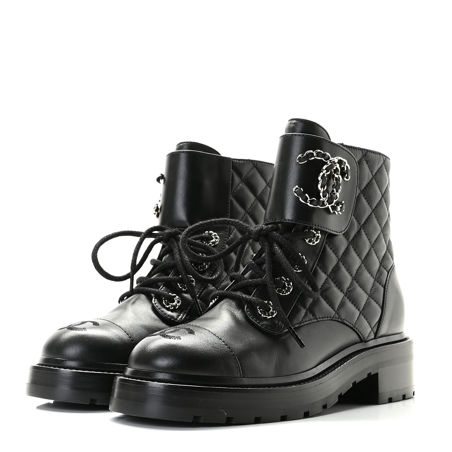 Chanel Shiny Lambskin Quilted Lace Up Combat Boots 36 Black 2 of 11