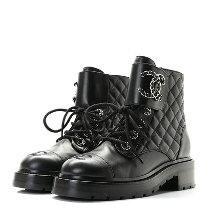 Chanel Shiny Lambskin Quilted Lace Up Combat Boots 36 Black 2 of 11