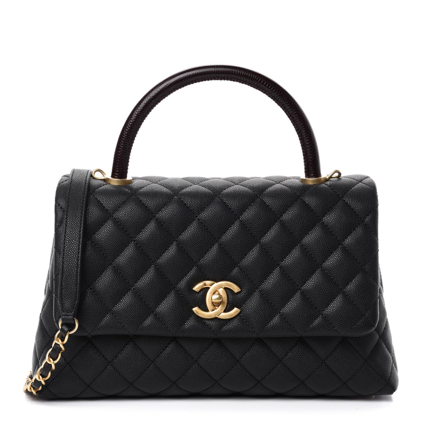 Caviar Lizard Embossed Quilted Small Coco Handle Flap Black