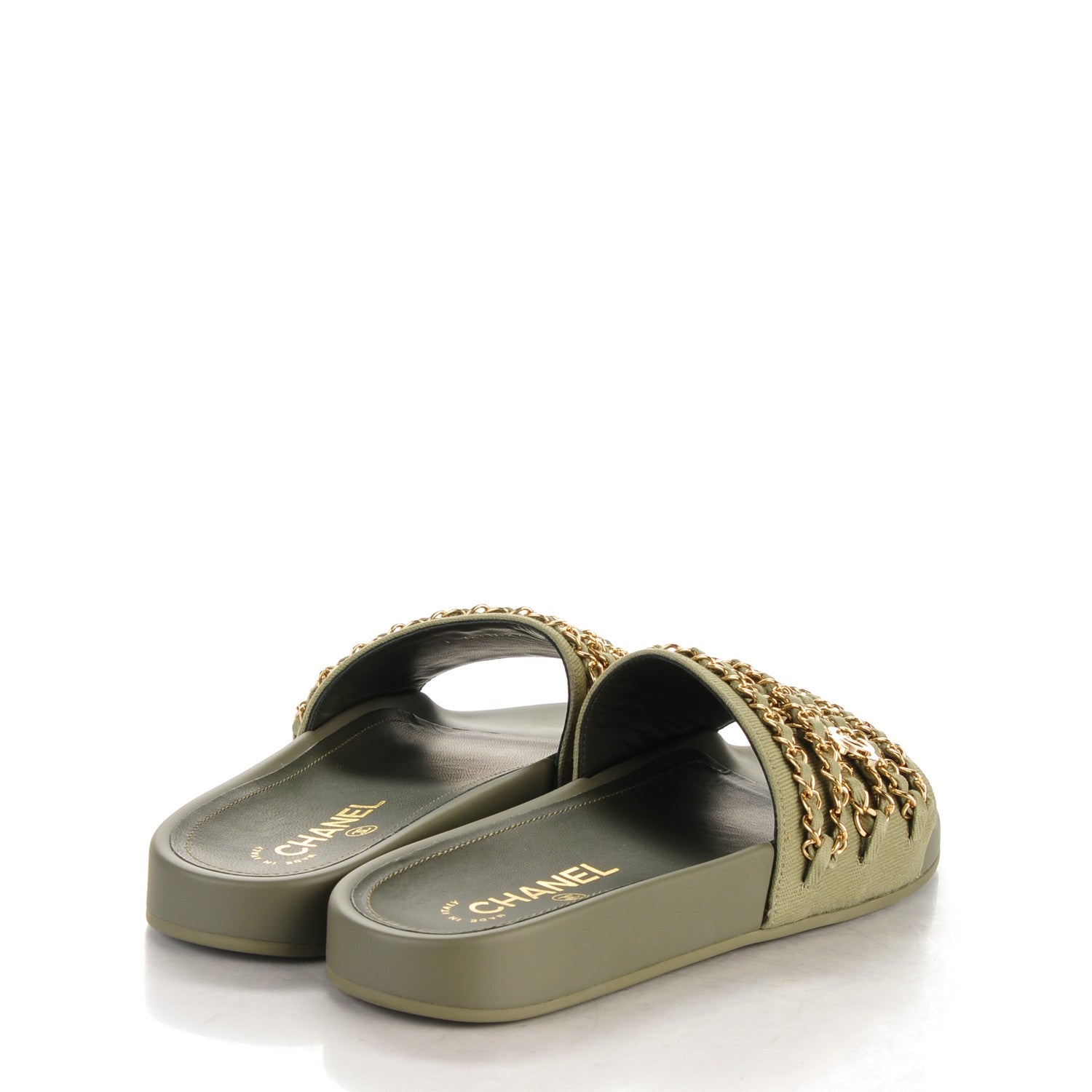 Chanel Lambskin Canvas Chain Flat Sandals 37 Khaki 4 of 8