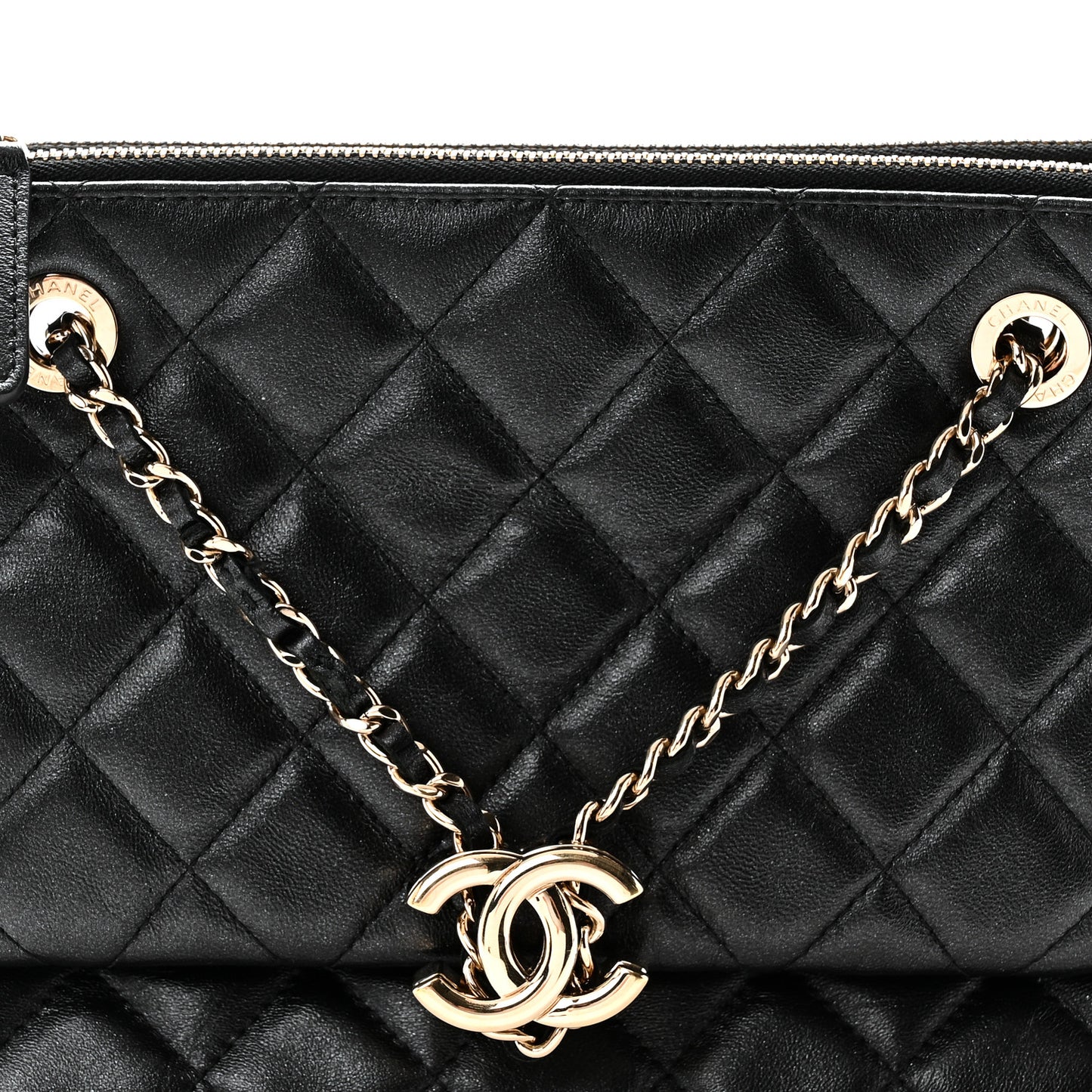 Shiny Lambskin Quilted Medium Double Case With Strap Black