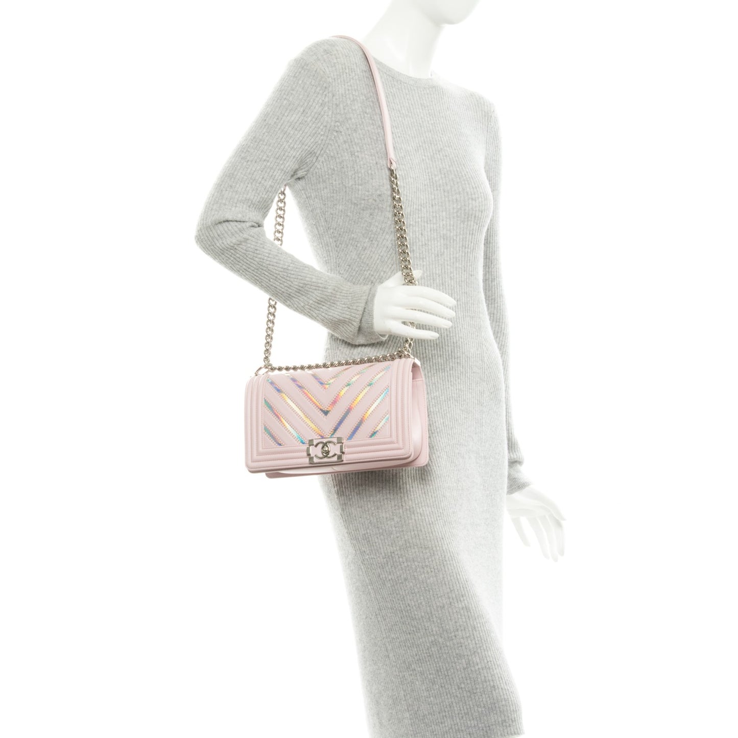 Lambskin Iridescent PVC Medium Boy Flap Light Pink Silver