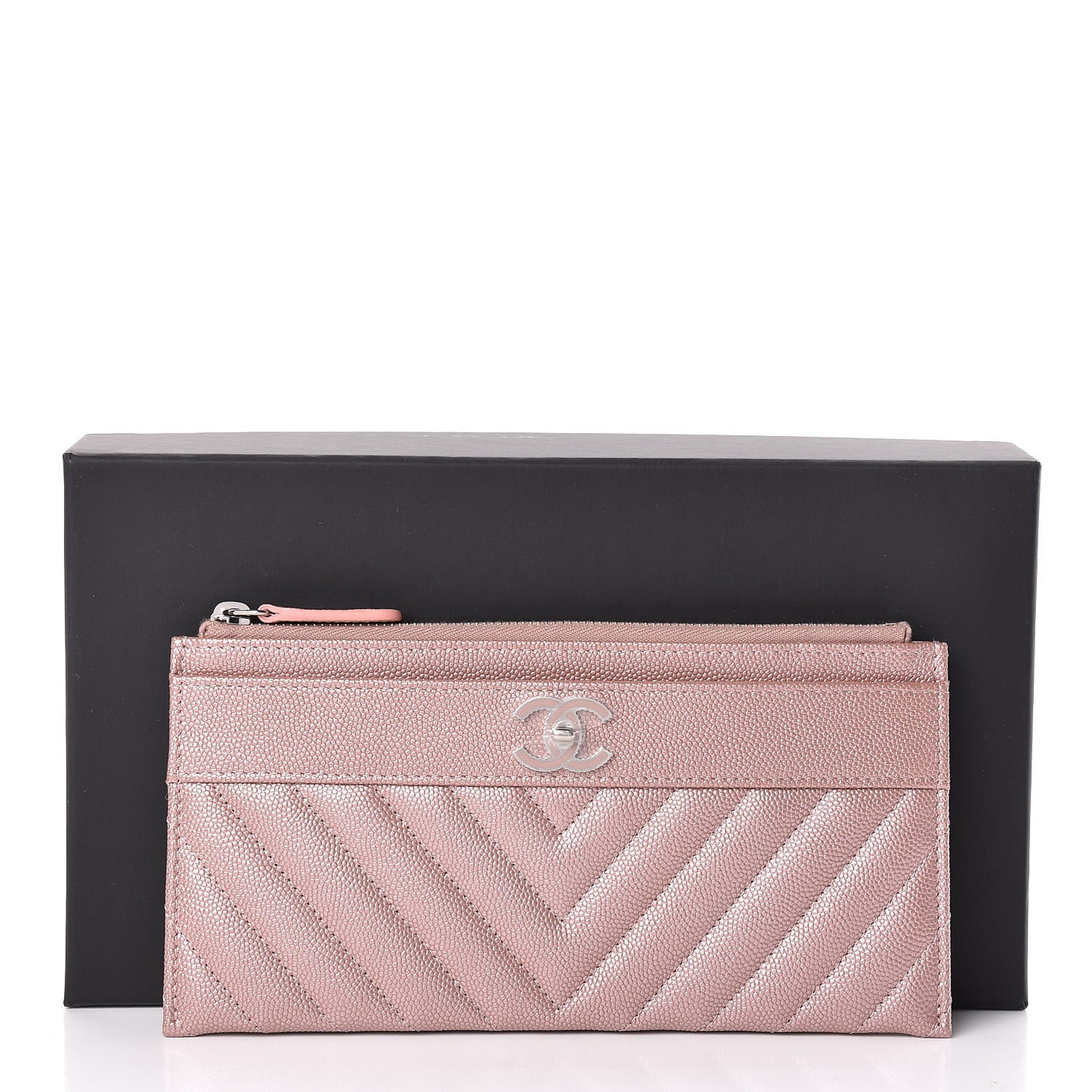 Metallic Caviar Chevron Quilted Mademoiselle Vintage Zip Pouch Pink