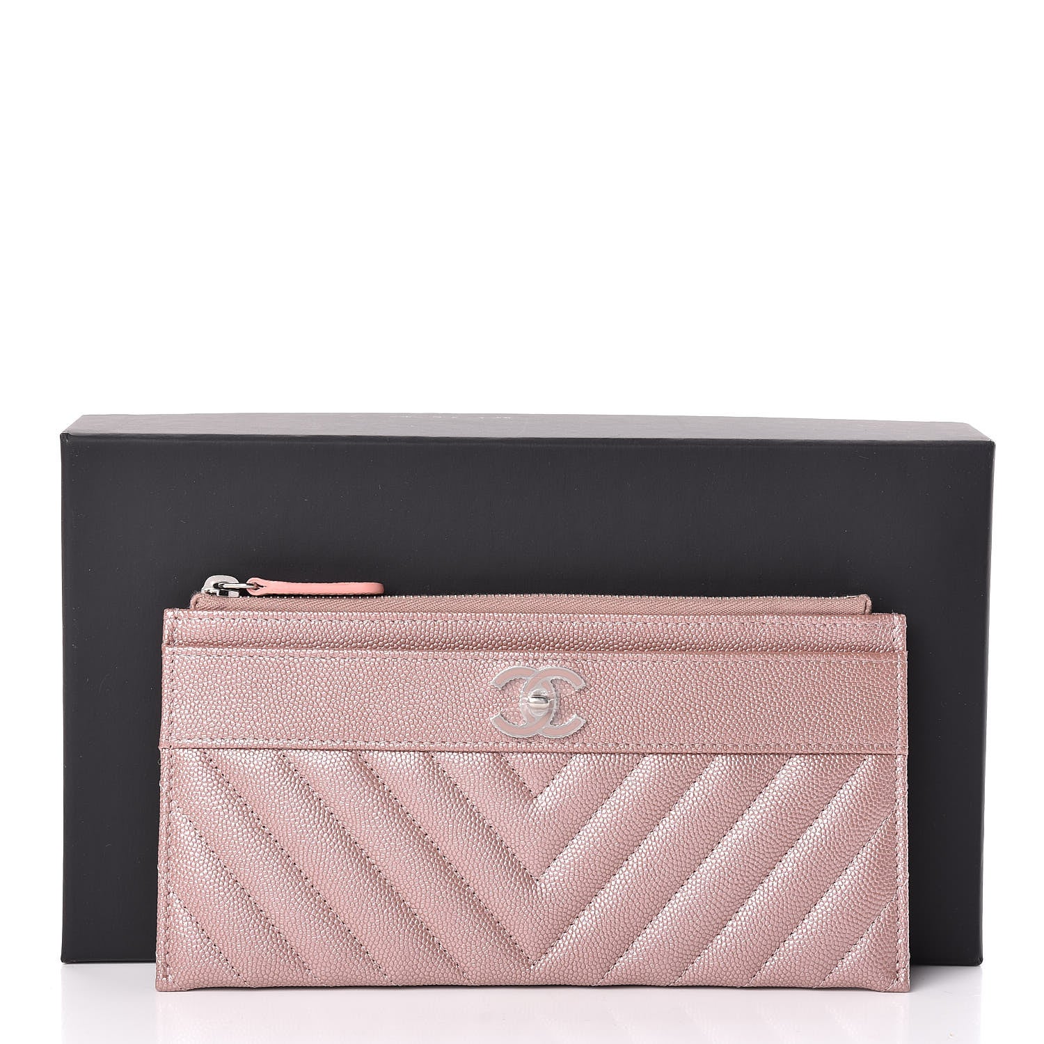Chanel Metallic Caviar Chevron Quilted Mademoiselle Vintage Zip Pouch Pink 8 of 8