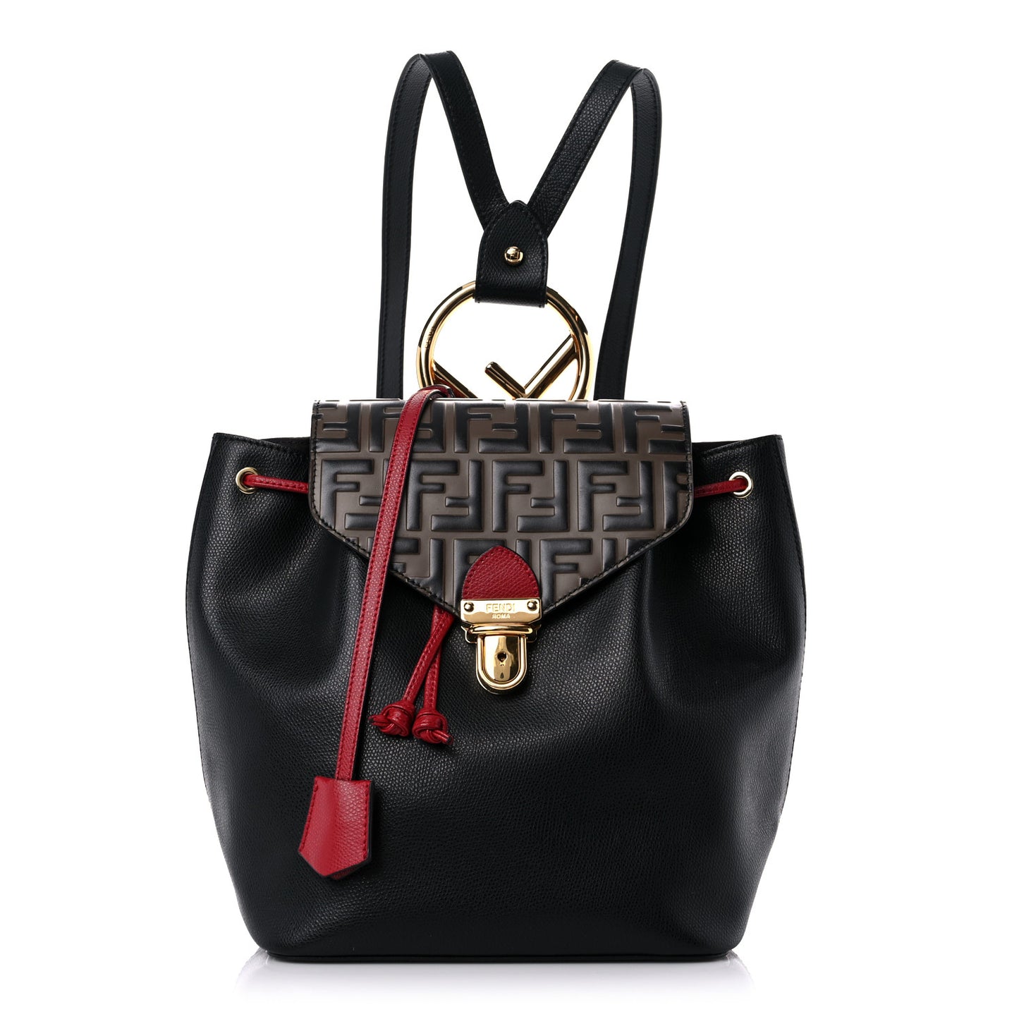 Vitello Cruise Bi-Color FF 1974 Embossed F is Fendi Drawstring Backpack Black Fragola Maya