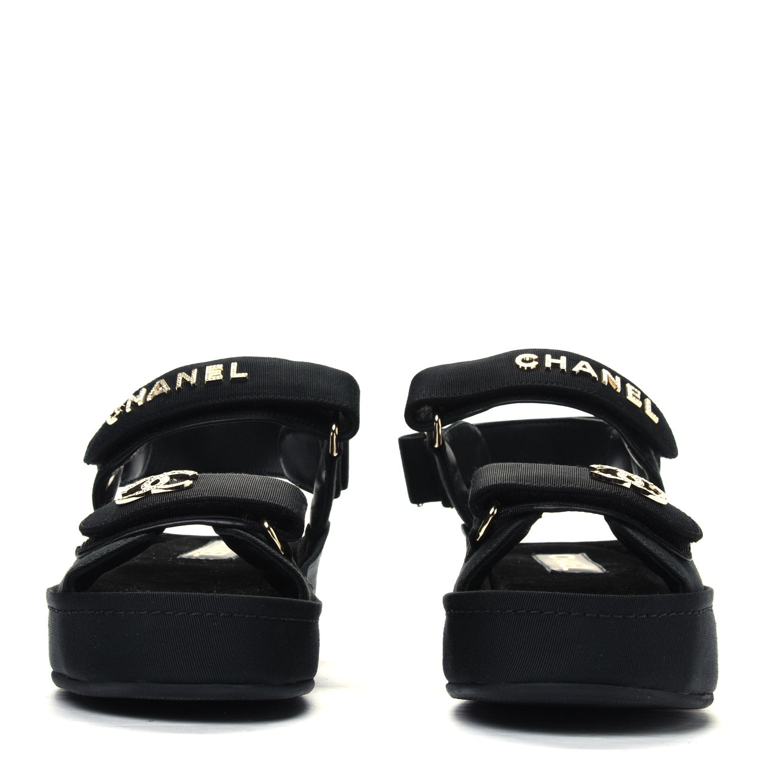 Chanel Grosgrain Crystal Logo Platform Sandals 35 Black 2 of 4