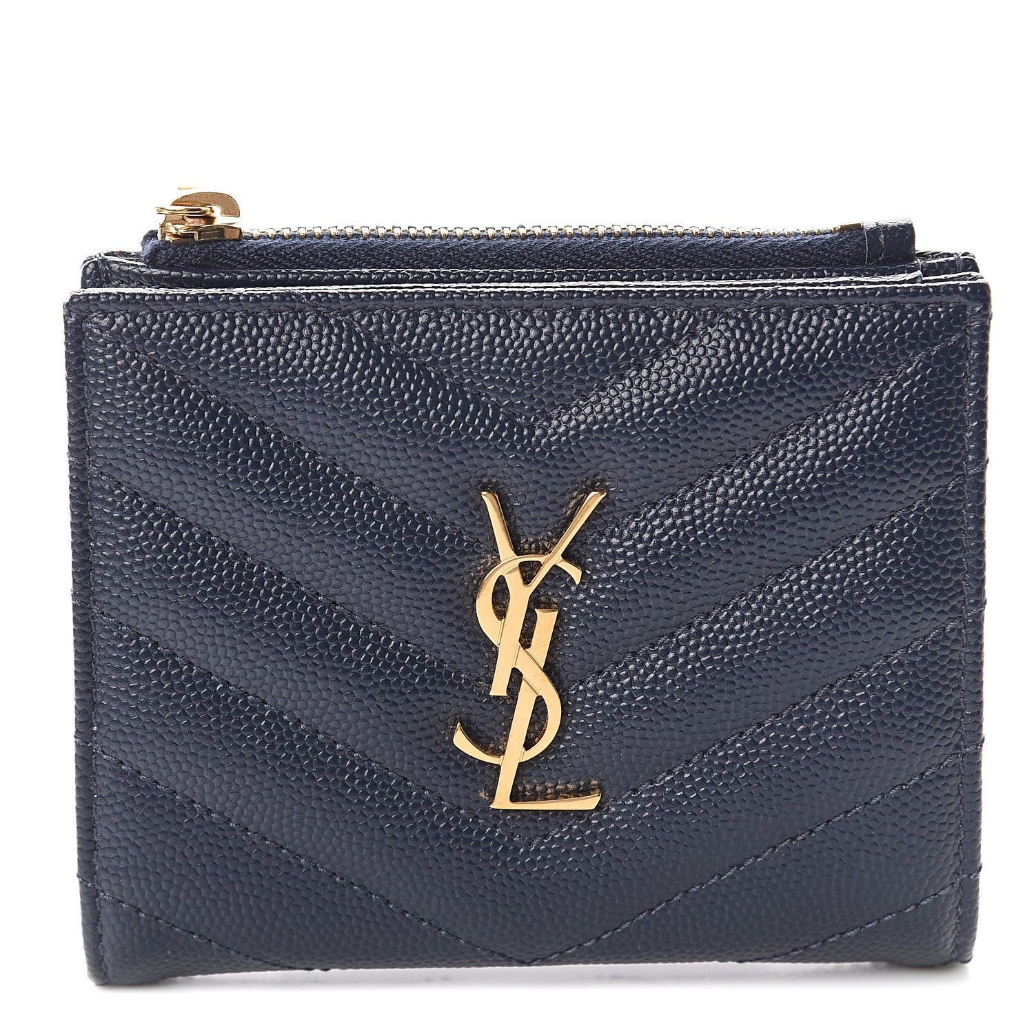 Saint Laurent Grain De Poudre Matelasse Chevron Monogram Zipped Card Case Navy 1 of 5