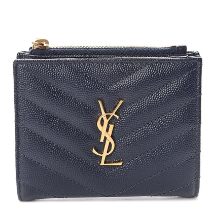 Saint Laurent Grain De Poudre Matelasse Chevron Monogram Zipped Card Case Navy 1 of 5