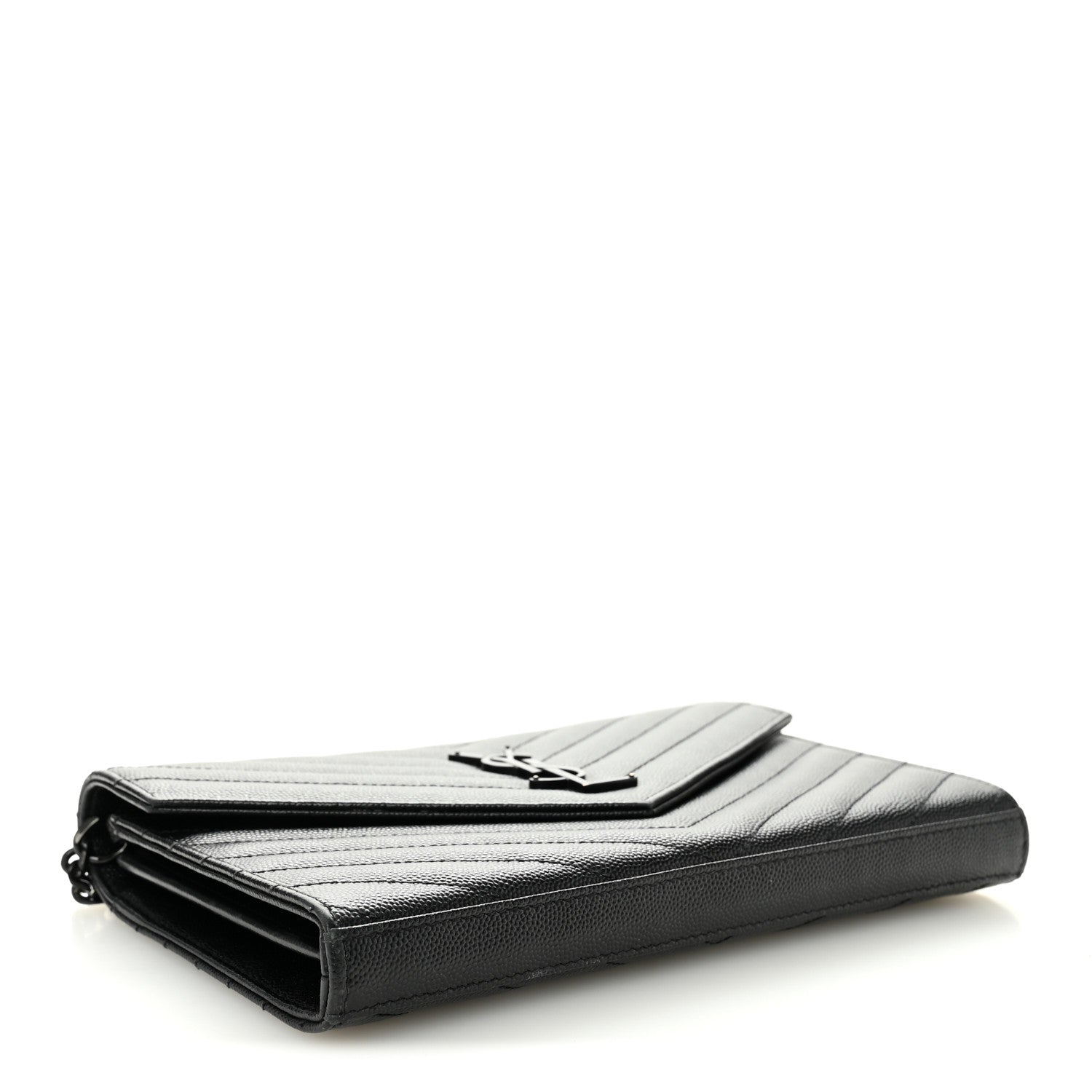 Saint Laurent Grain De Poudre Matelasse Chevron Monogram Monochrome Chain Wallet Black 4 of 11