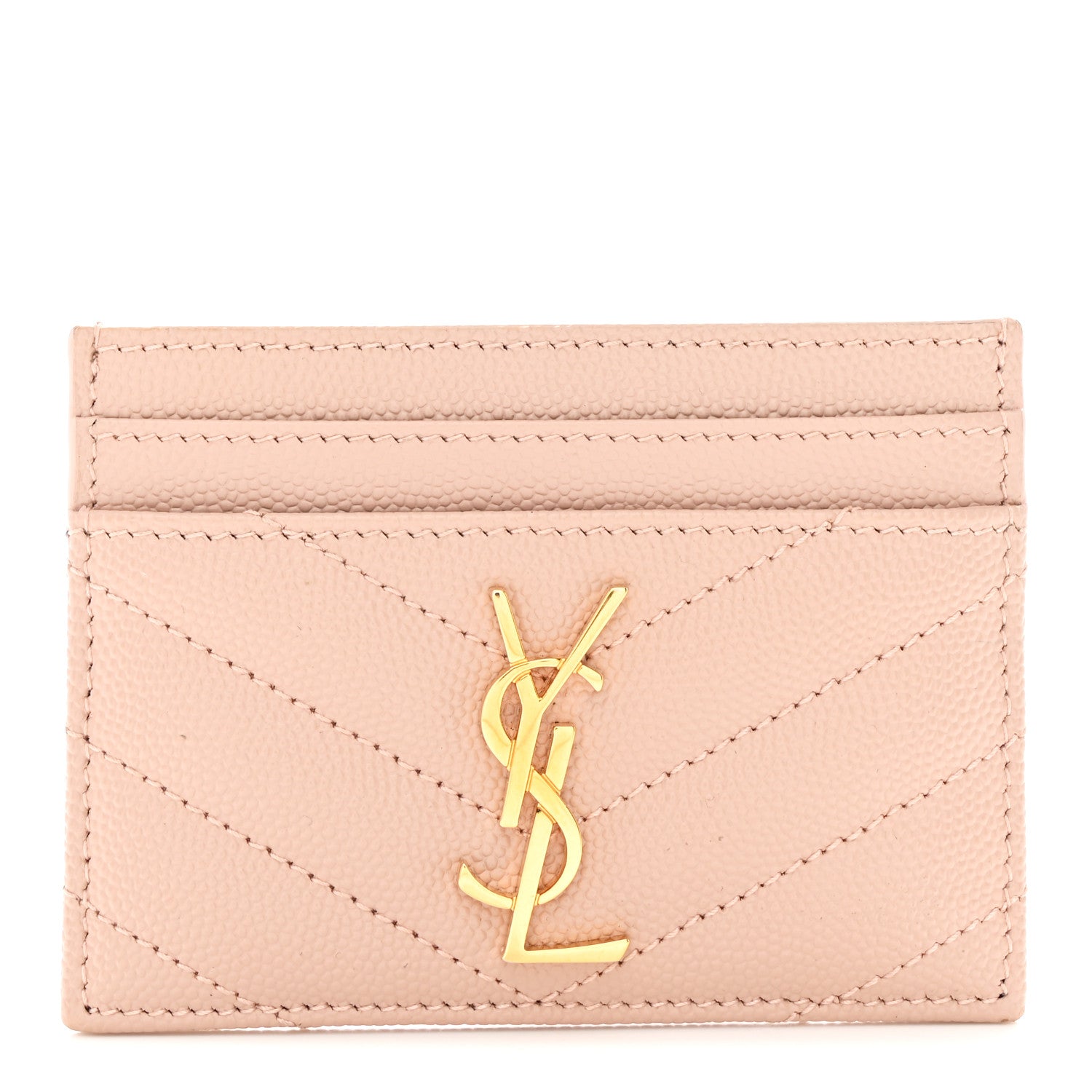 Saint Laurent Grain De Poudre Matelasse Chevron Monogram Credit Card Case Pale Pink 1 of 8