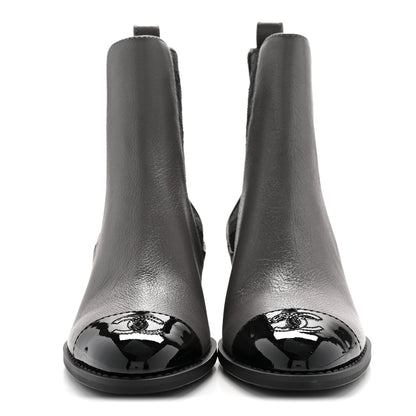 Chanel Calfskin Patent Cap Toe CC Short Boots 39 Grey Black 6 of 20