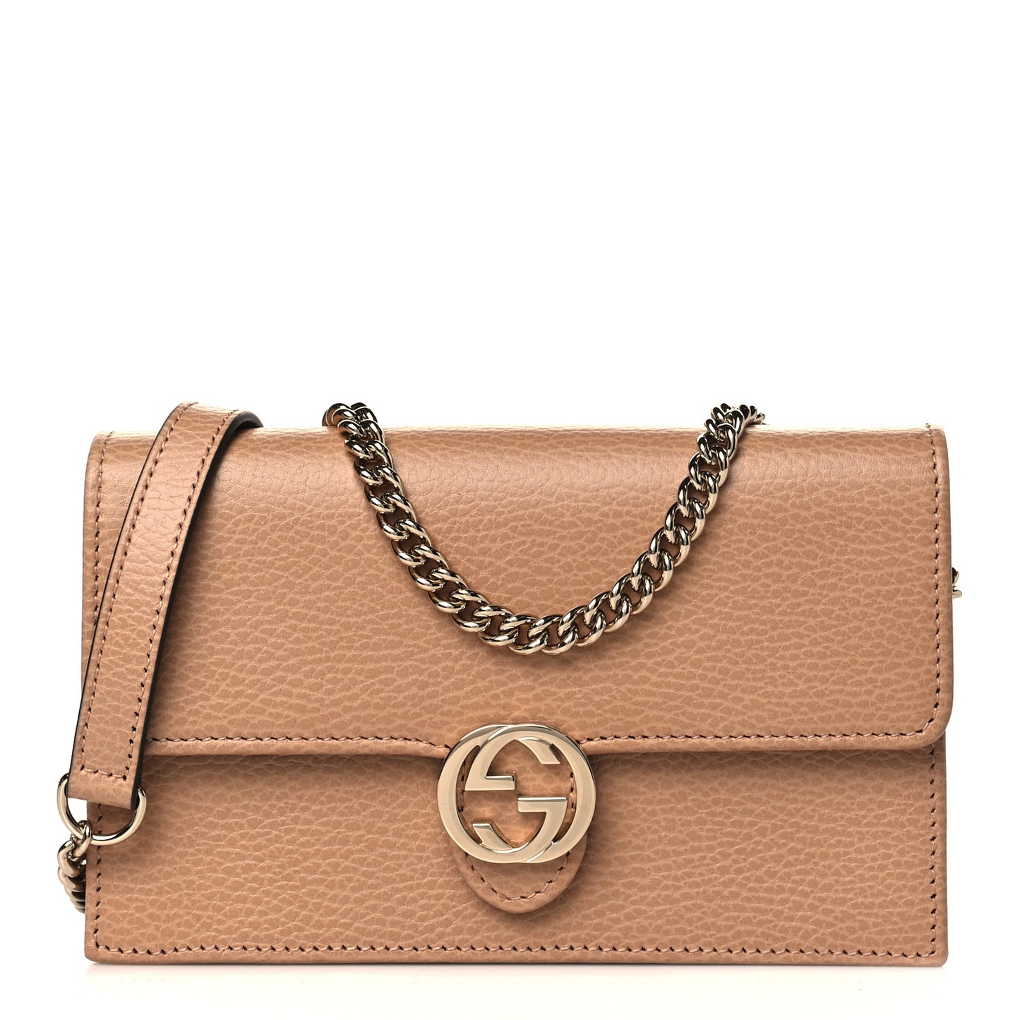 Dollar Calfskin Interlocking G Chain Wallet Camelia