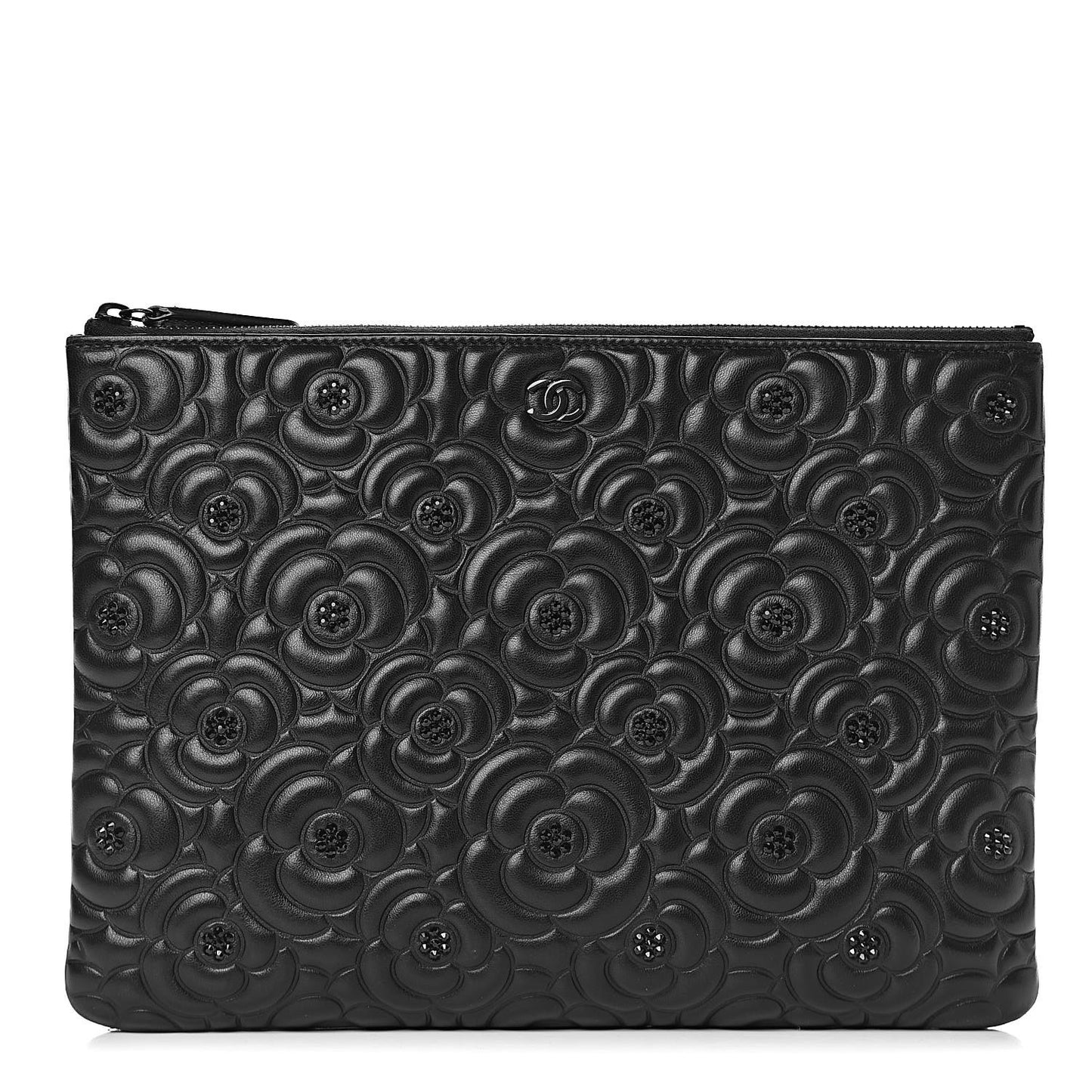 Lambskin Crystal Camellia Embossed Medium Cosmetic Case Black