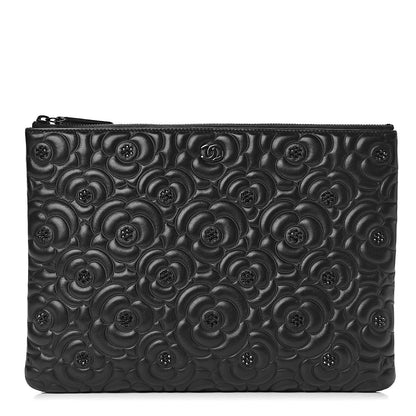 Chanel Lambskin Crystal Camellia Embossed Medium Cosmetic Case Black 1 of 7
