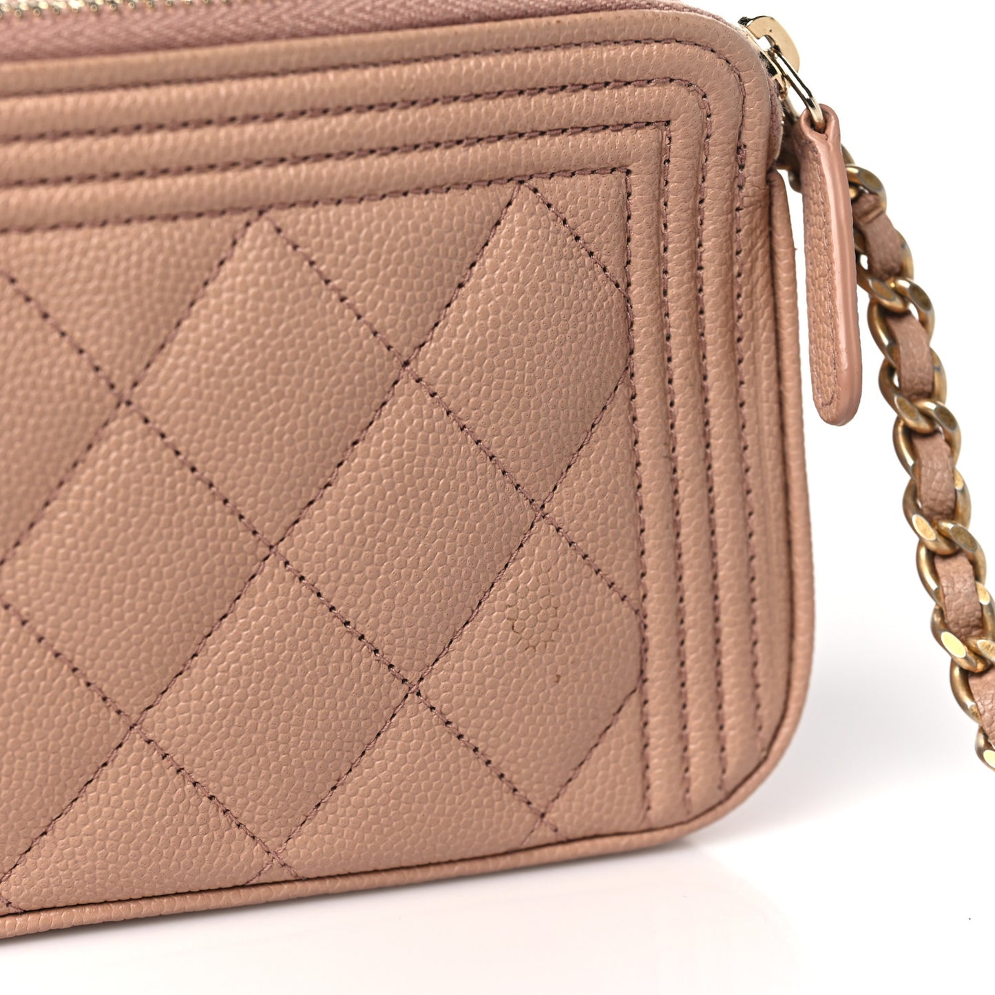 Caviar Quilted Small Boy Clutch With Chain Beige