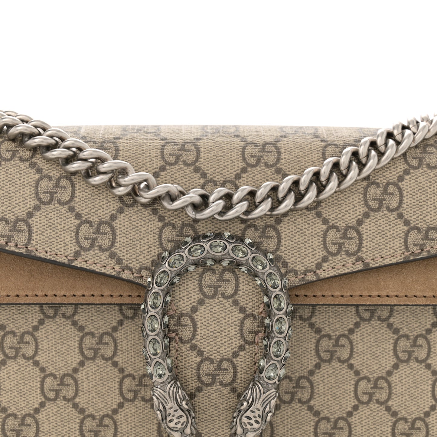 GG Supreme Monogram Suede Crystal Small Dionysus Shoulder Bag Beige Ebony Taupe