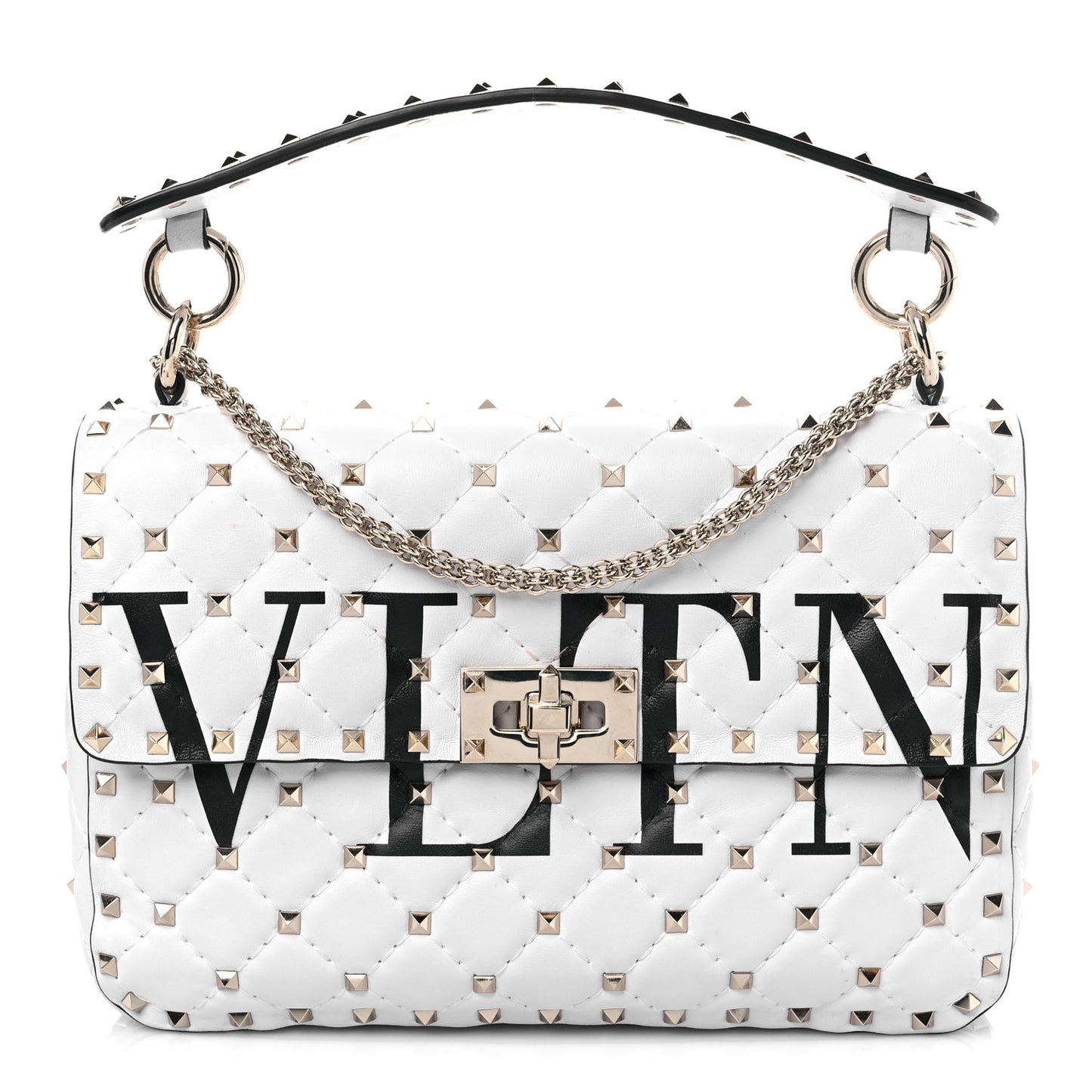 Lambskin VLTN Print Medium Rockstud Spike Shoulder Bag Optic White Black