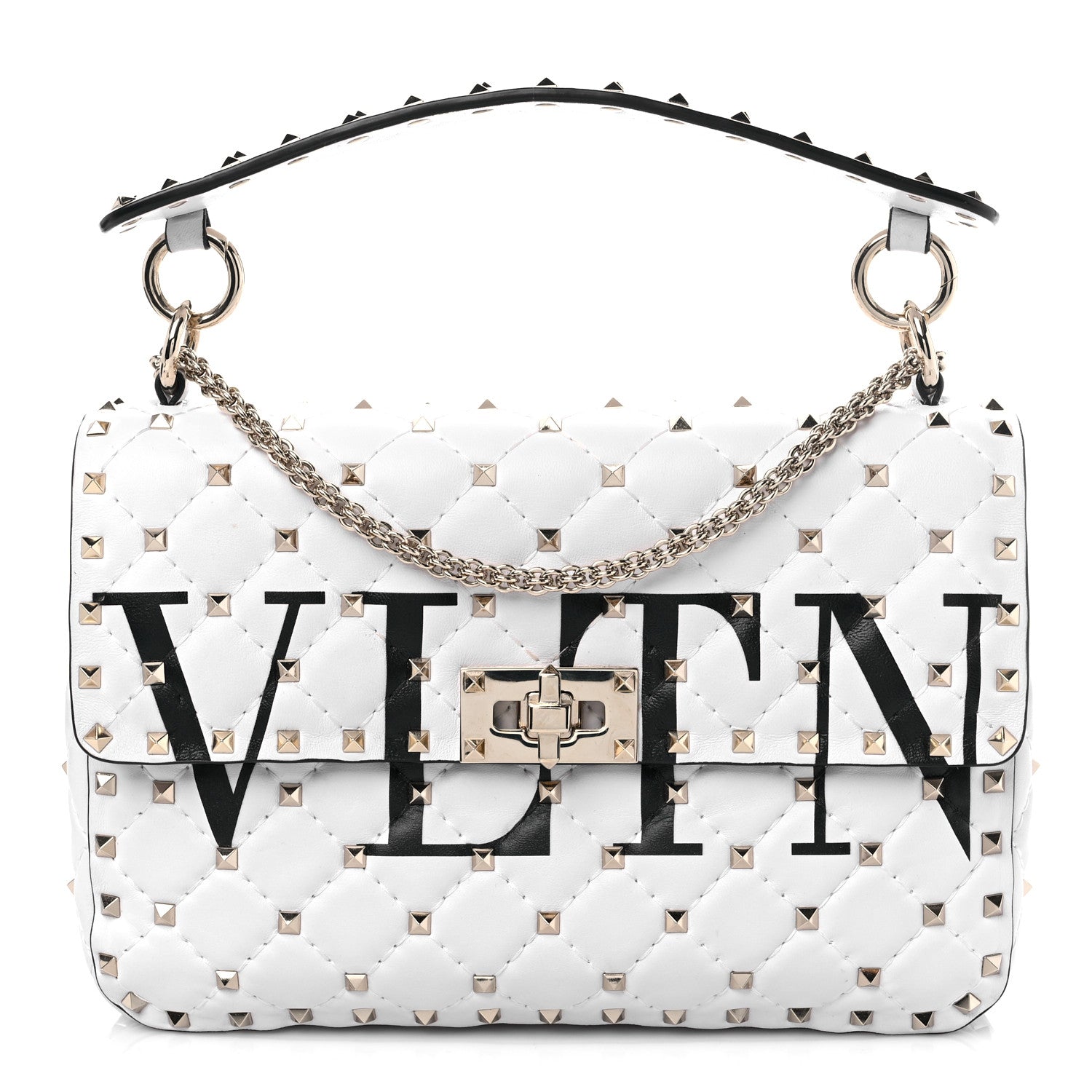 Valentino Garavani Lambskin VLTN Print Medium Rockstud Spike Shoulder Bag Optic White Black 1 of 8