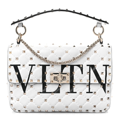 Valentino Garavani Lambskin VLTN Print Medium Rockstud Spike Shoulder Bag Optic White Black 1 of 8