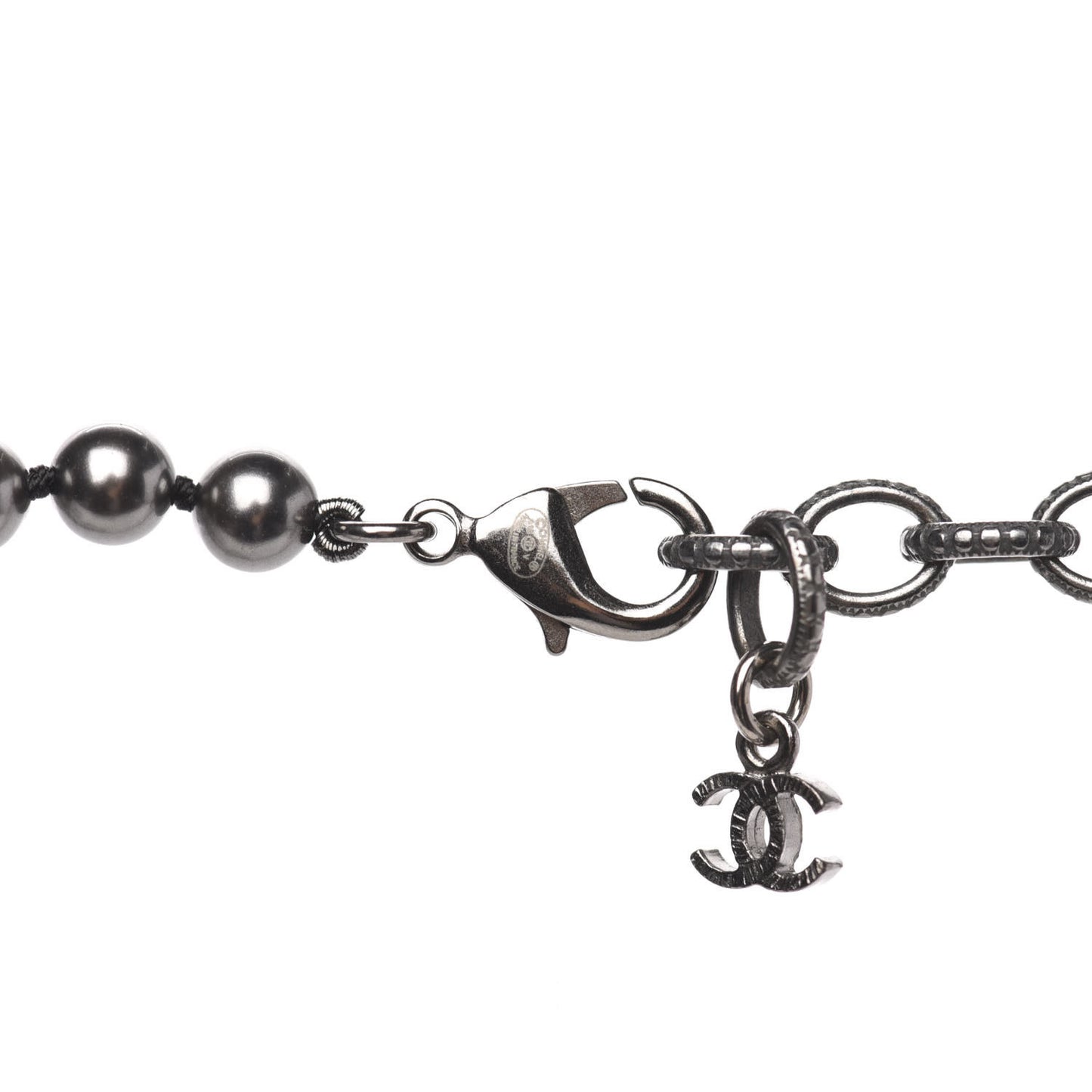 Ruthenium Crystal Baguette Pearl Beaded CC Long Necklace Black Grey