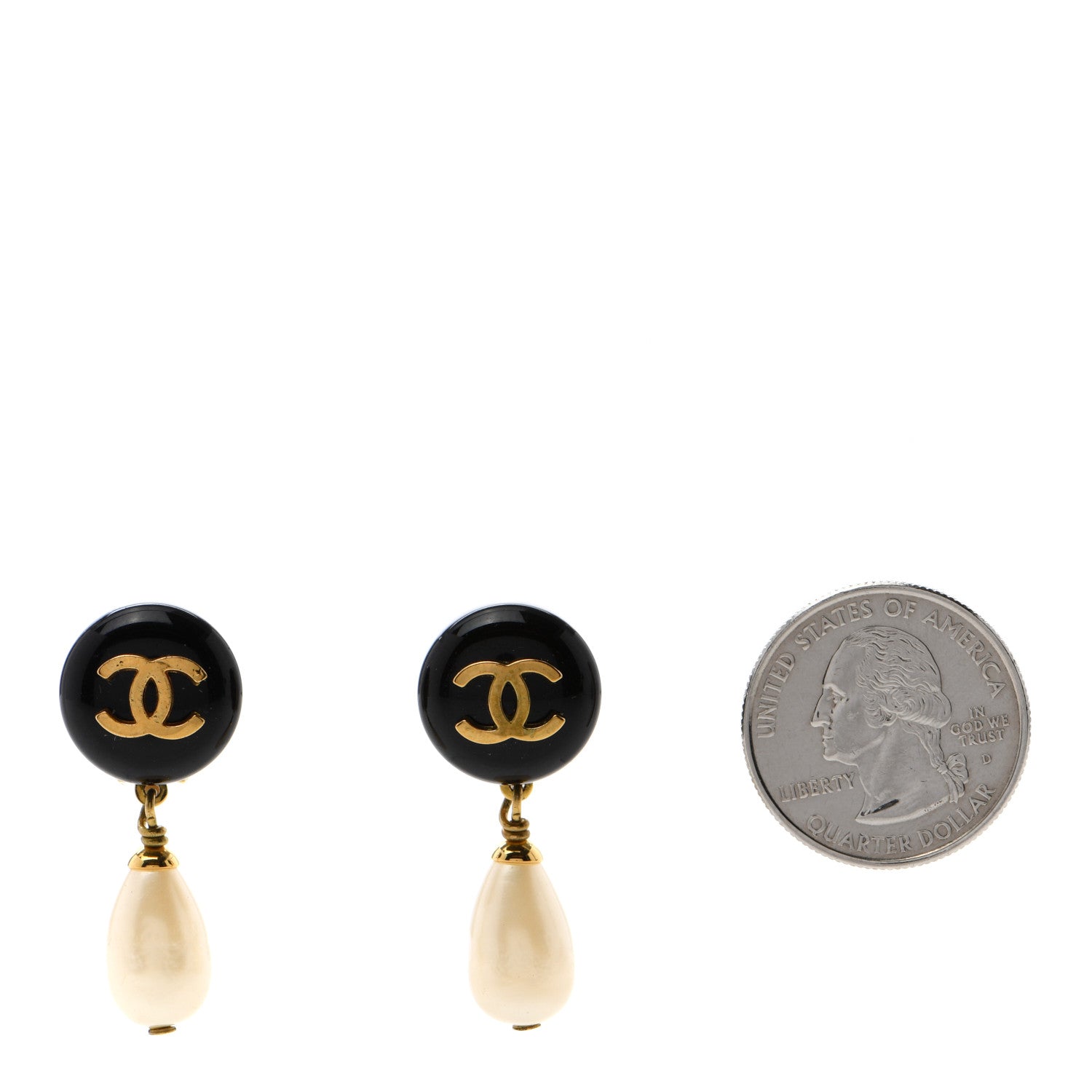 Chanel Resin Pearl CC Drop Clip On Earrings Gold Black White 2 of 4