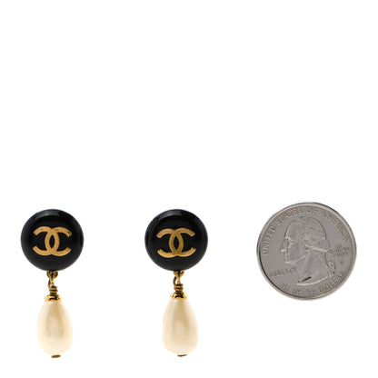 Chanel Resin Pearl CC Drop Clip On Earrings Gold Black White 2 of 4