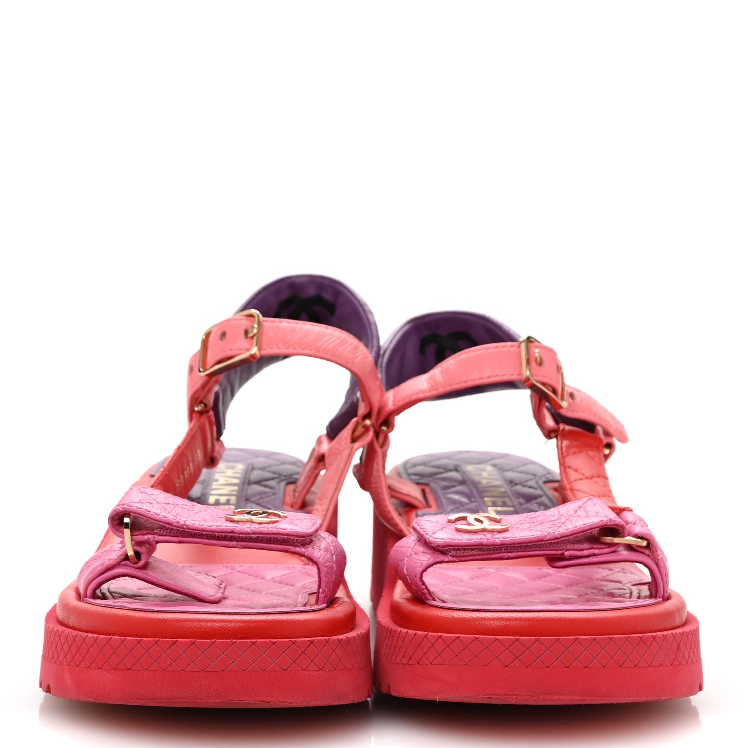 Chanel Lambskin Logo Platform Sandals 38 Red Purple Orange 3 of 11