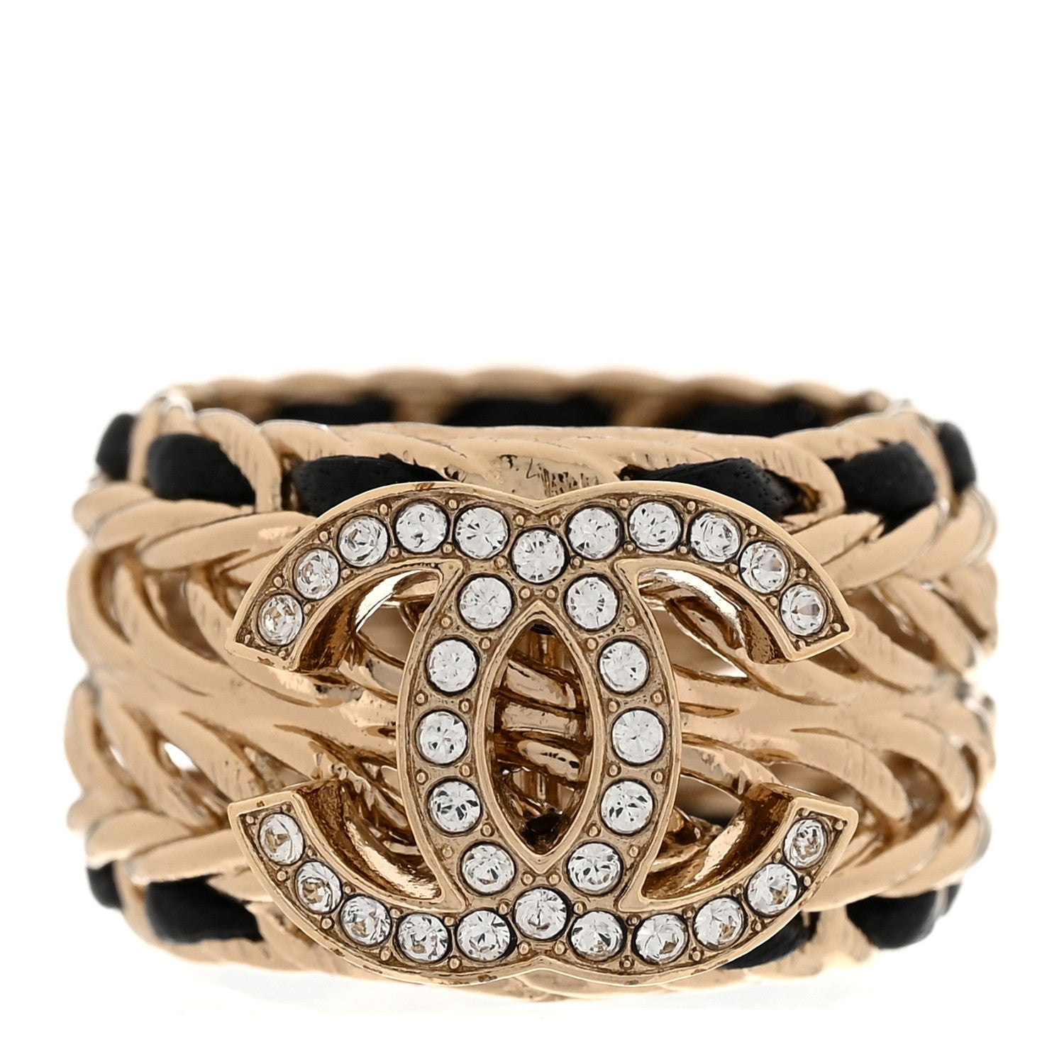 Chanel Metal Crystal Lambskin CC Ring 54 7 Gold Black 1 of 5