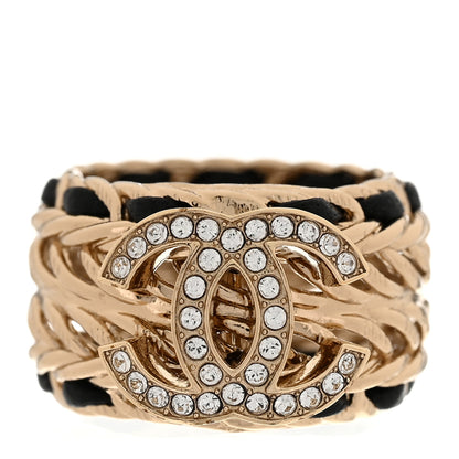 Chanel Metal Crystal Lambskin CC Ring 54 7 Gold Black 1 of 5
