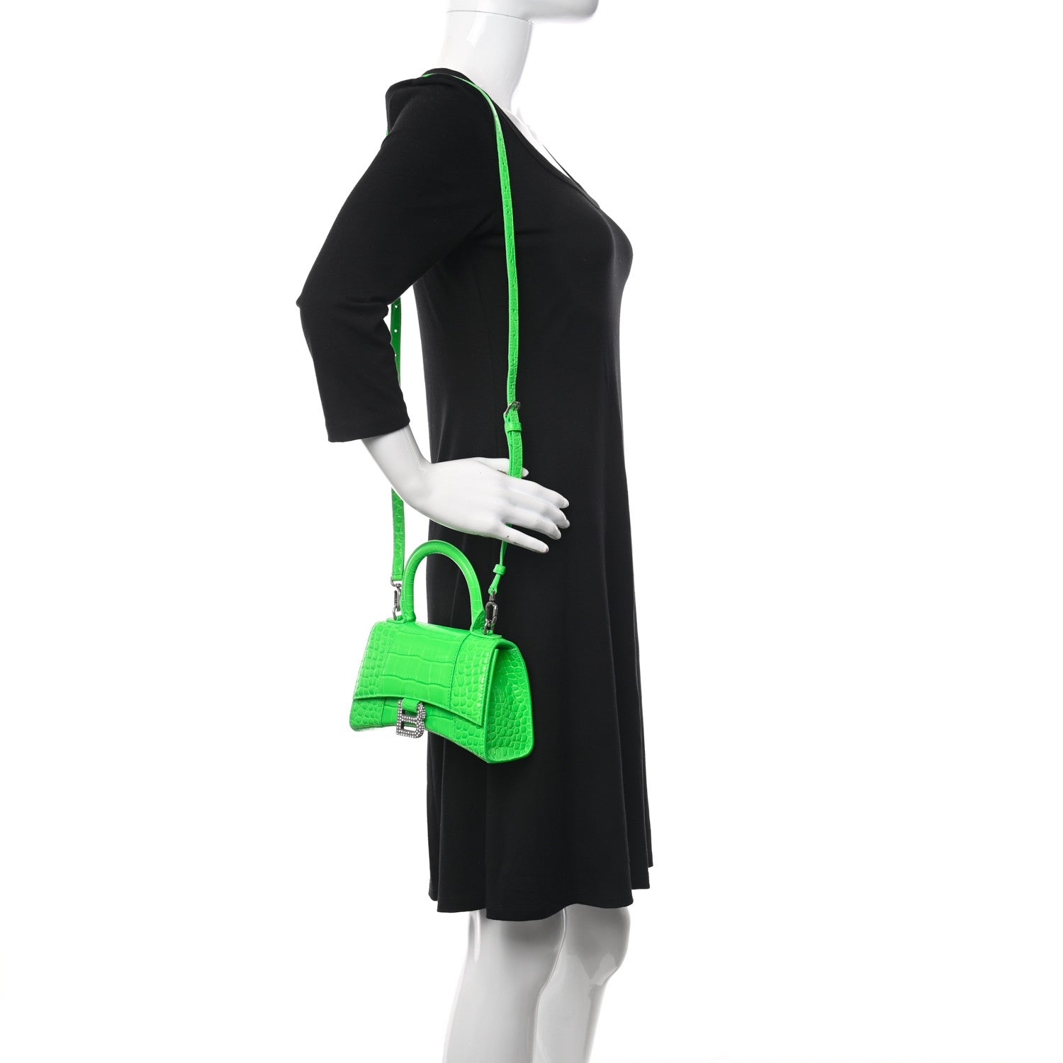 Balenciaga Shiny Calfskin Strass Crocodile Embossed Hourglass Top Handle Bag XS Fluo Green 2 of 10