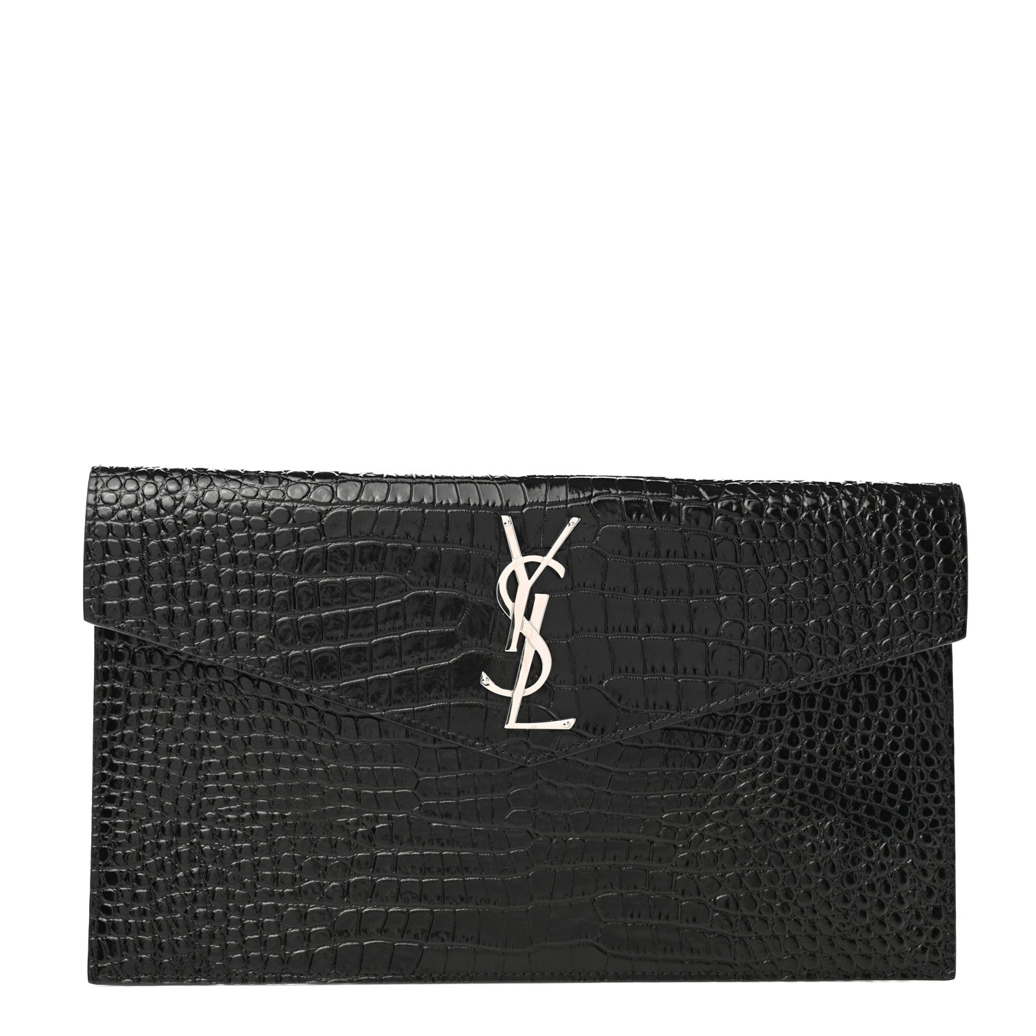 Saint Laurent Calfskin Crocodile Embossed Uptown Monogram Pouch Black 1 of 8