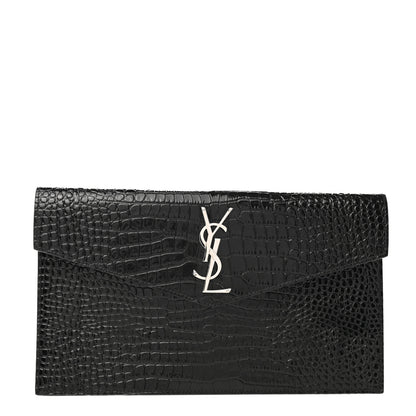 Saint Laurent Calfskin Crocodile Embossed Uptown Monogram Pouch Black 1 of 8
