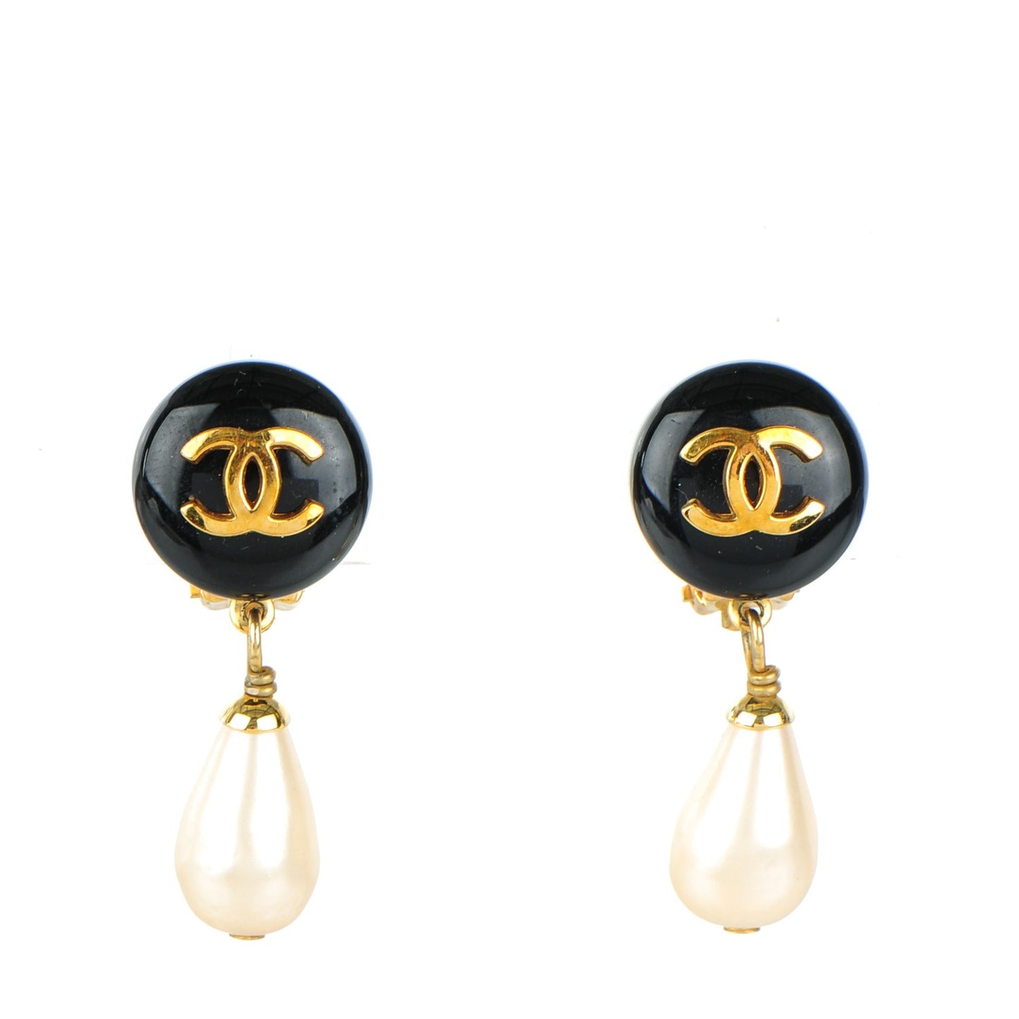 Pearl CC Drop Clip On Earrings Black Gold